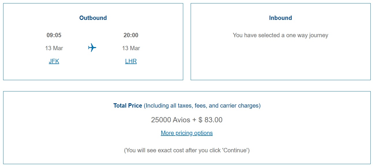 British Airways Avios award sale JFK-LHR 03.13