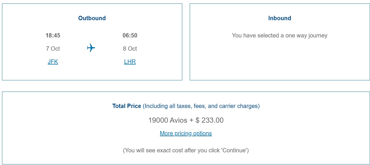 British Airways Avios award sale JFK-LHR 10.07