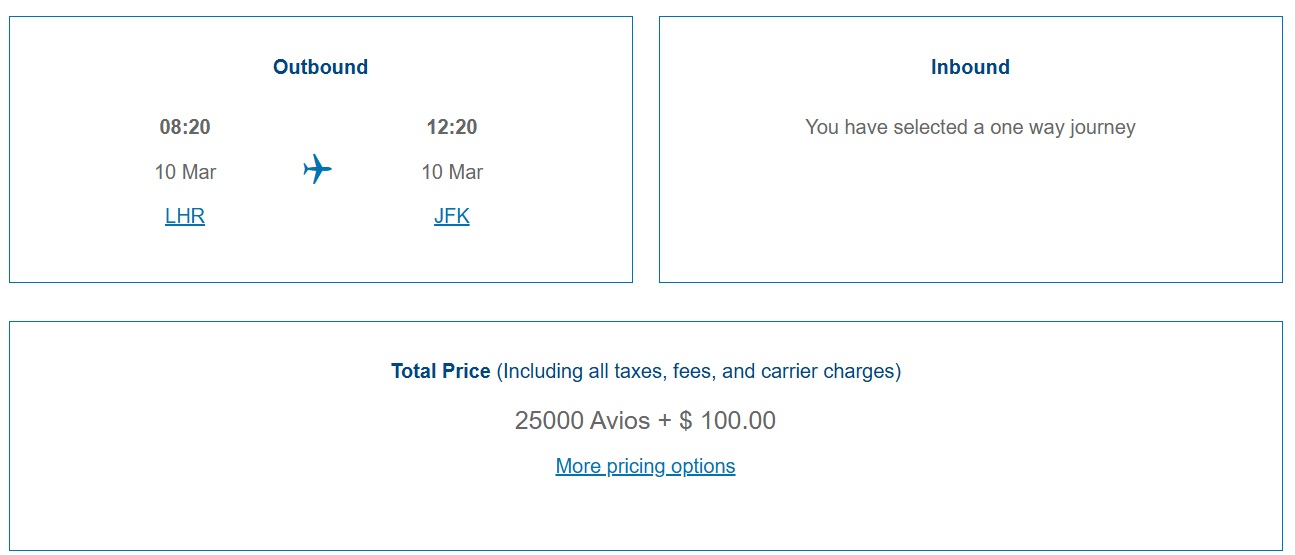 British Airways Avios award sale LHR-JFK 03.10