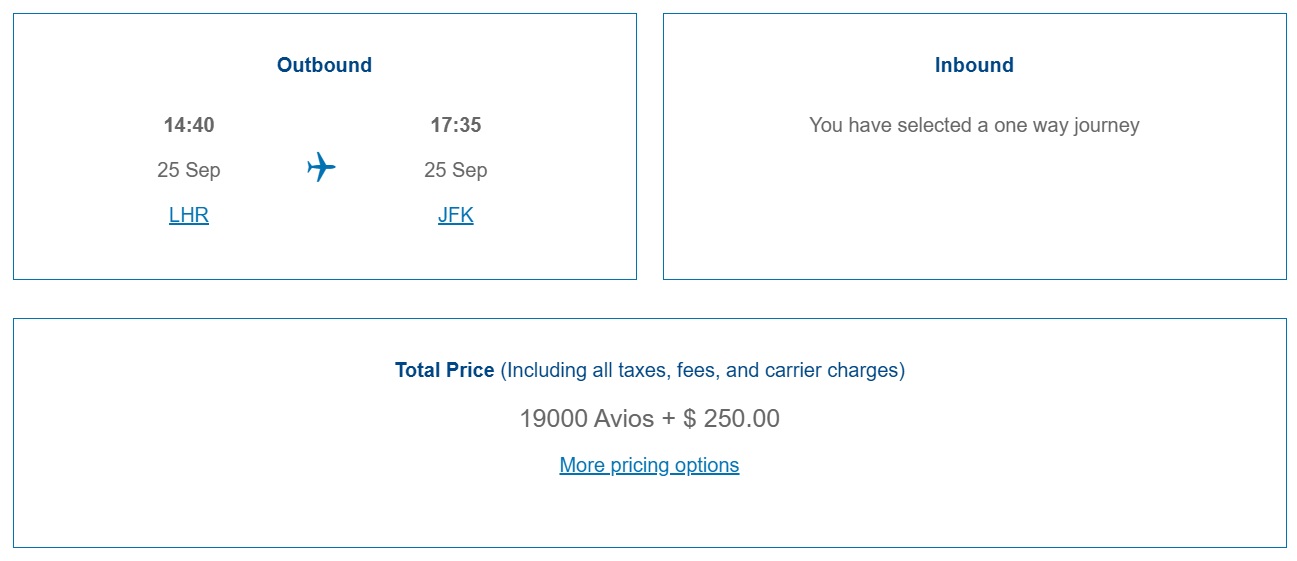 British Airways Avios award sale LHR-JFK 09.25