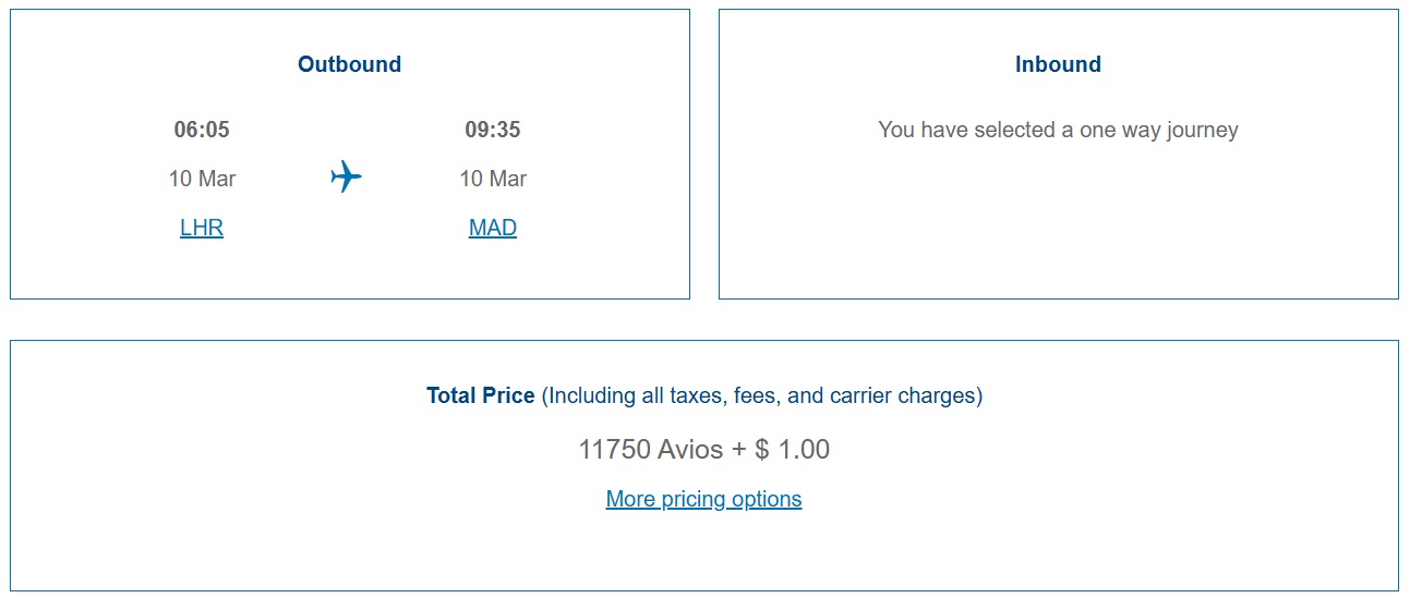 British Airways Avios award sale LHR-MAD 03.10