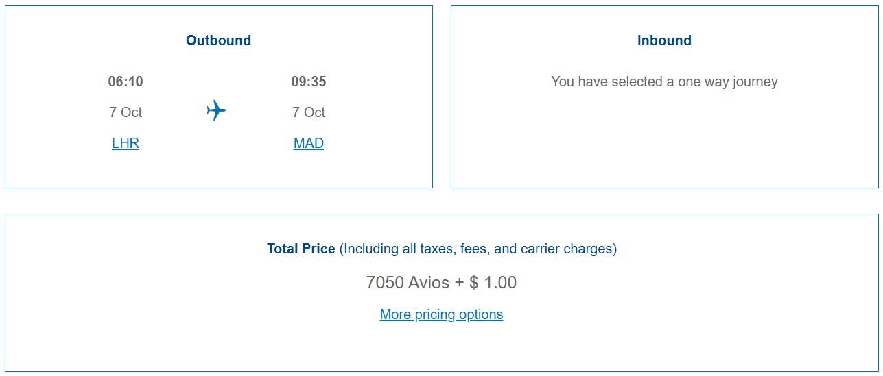 British Airways Avios award sale LHR-MAD 10.07
