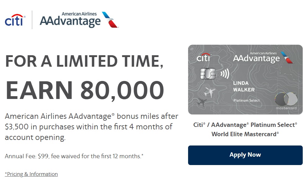 Citi AAdvantage Platinum Select 80,000 mile welcome offer