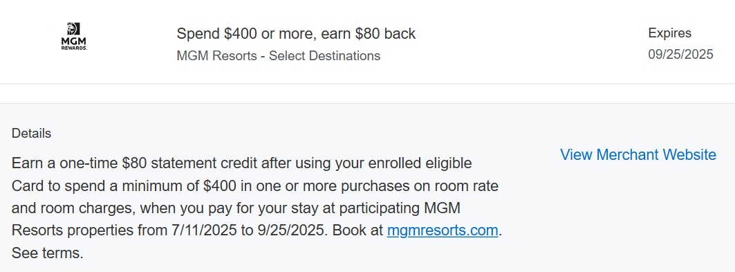 MGM Resorts Amex Offer spend $400 get $80