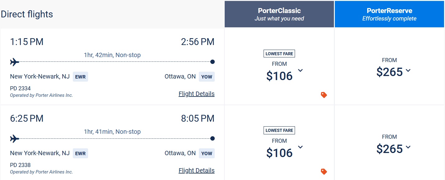 Porter Airlines cash booked directly