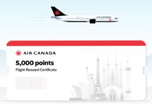 Air Canada Aeroplan 5,000 points award flight reward certificate