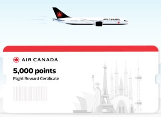 Air Canada Aeroplan 5,000 points award flight reward certificate