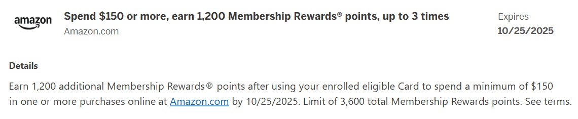 Amazon Amex Offer spend $150 get 1,200 bonus Membership Rewards