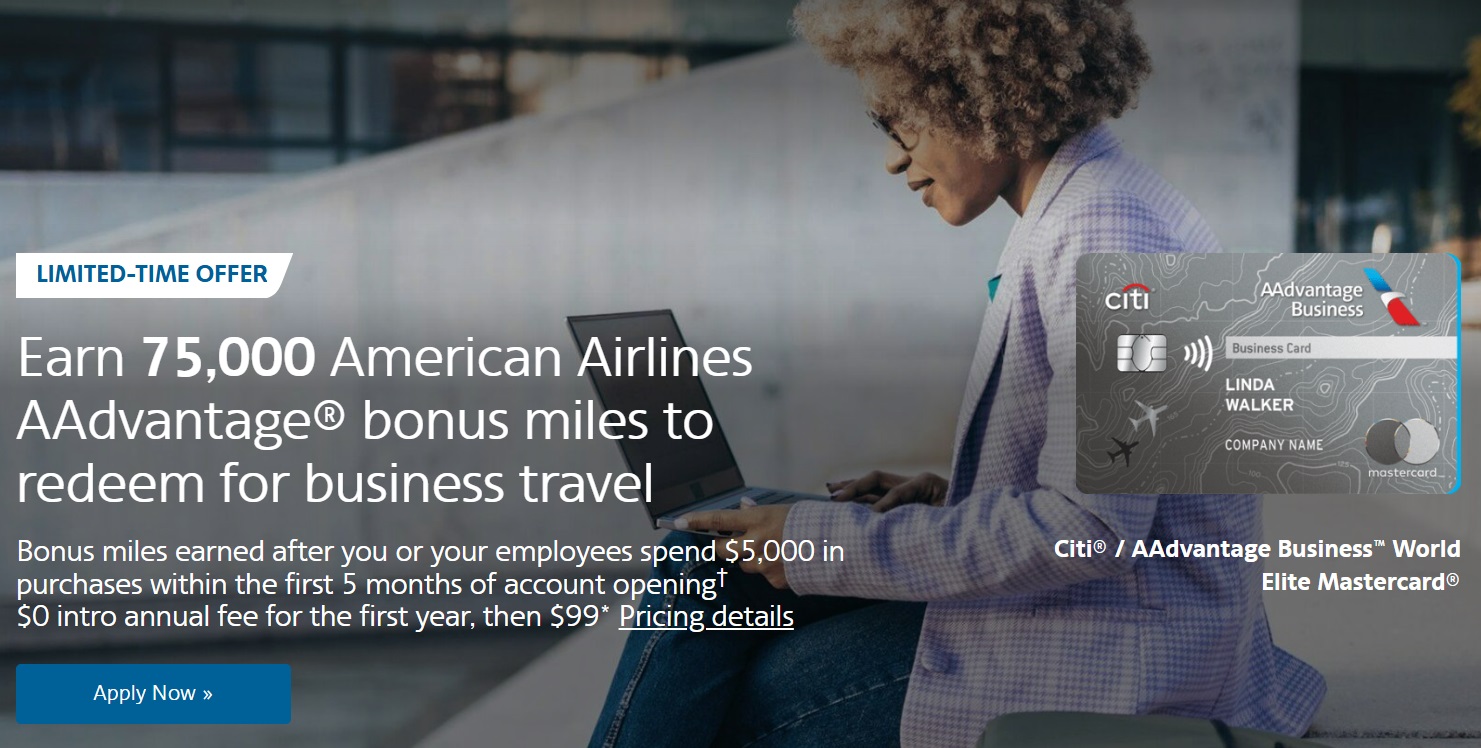 Citi AAdvantage Business World Elite Mastercard welcome offer 75K