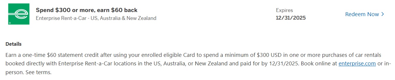 Enterprise Car Rental Amex Offer spend $300 get $60