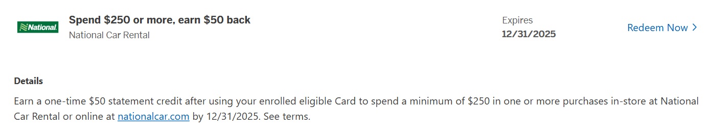 National Car Rental Amex Offer spend $250 get $50