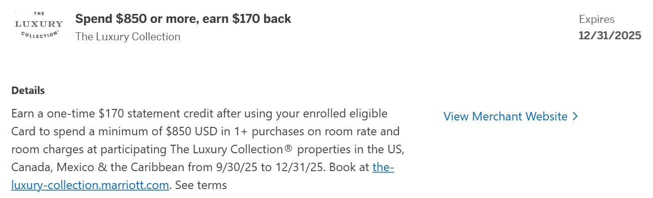 The Luxury Collection Amex Offer spend $850 get $170