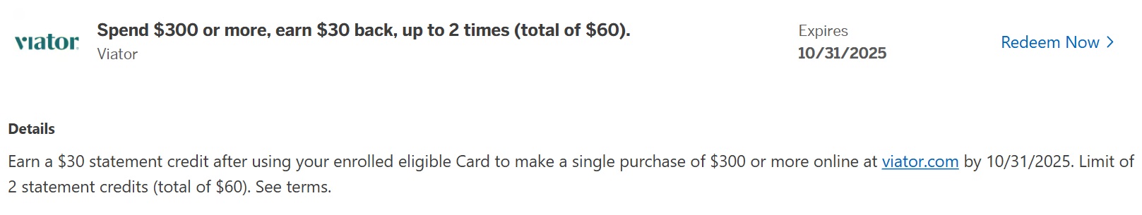 Viator Amex Offer spend $300 get $30