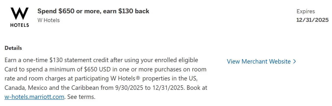 W Hotels Amex Offer spend $650 get $130