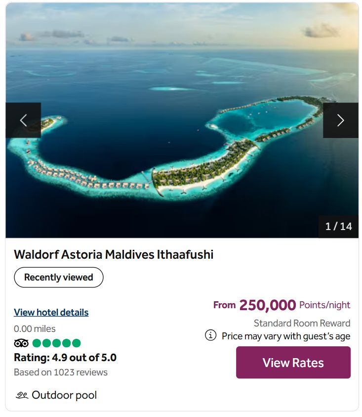 Waldorf Astoria Maldives Ithaafushi award pricing 250K points