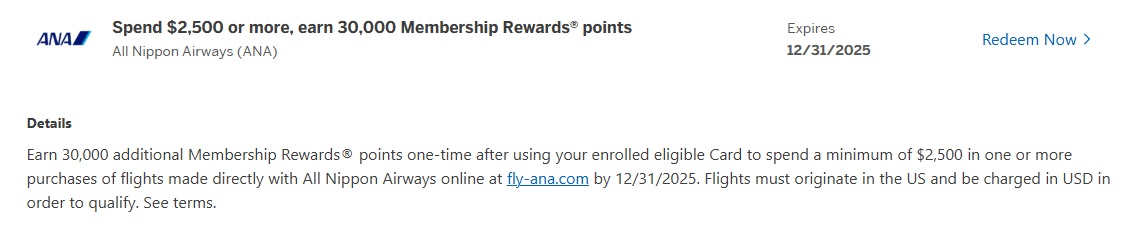 ANA Amex Offer spend $2.5K earn 30K points