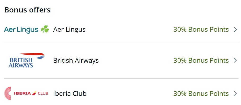Chase Ultimate Rewards Avios 30% transfer bonus British Airways Iberia Aer Lingus