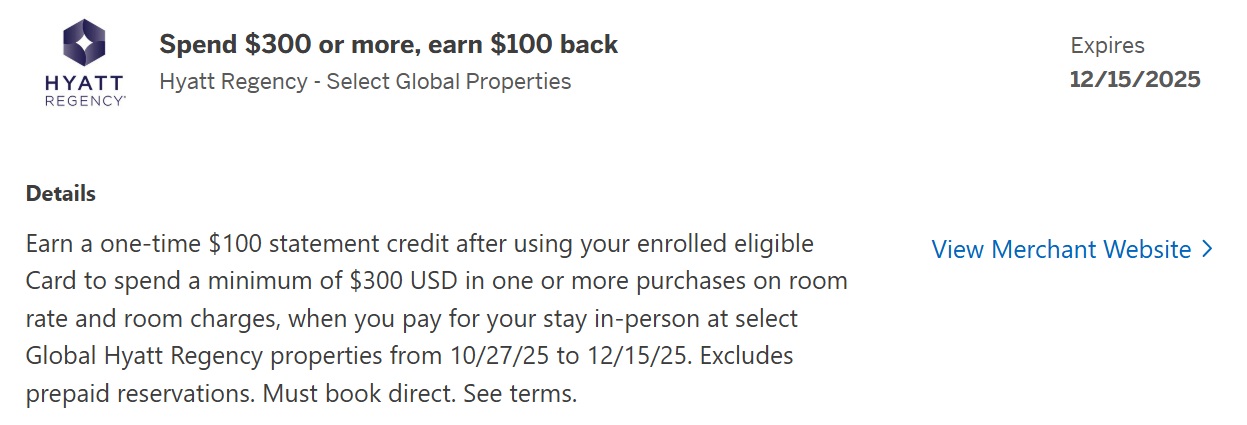 Hyatt Regency Amex Offer $300 $100