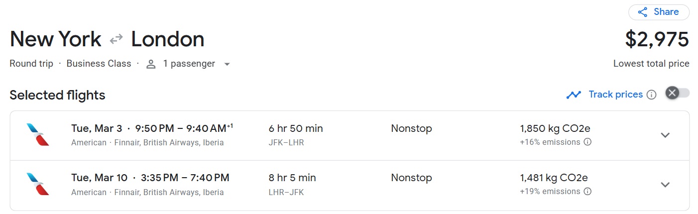 Business class fare sale - NYC-LON American Airlines Google Flights