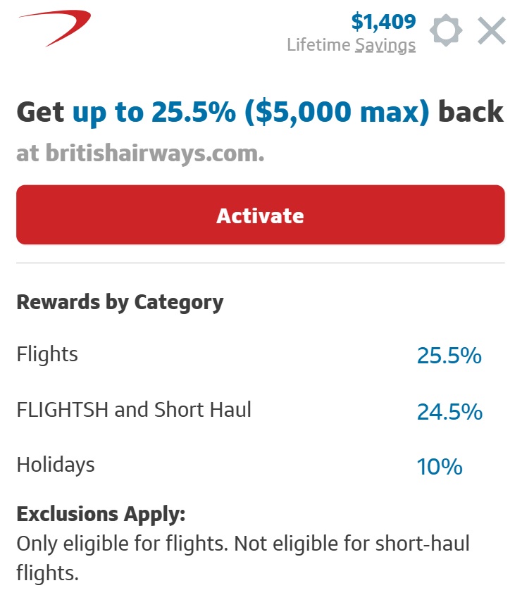 Capital One Shopping British Airways popup