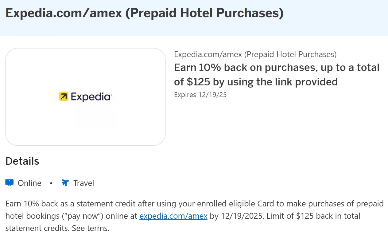 Expedia prepaid hotels Amex Offer
