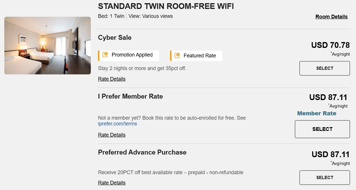 Preferred Hotels Cyber Sale promotion - Kyoto Tokyu Hotel - room pricing breakdown