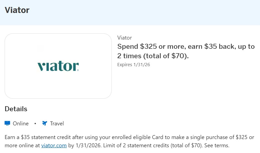 Viator Amex Offer spend $325 get $35 limit 2