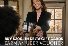 Buy $300 Delta gift card & get $25 Uber gift card free (stack with +5 Amex Offer)