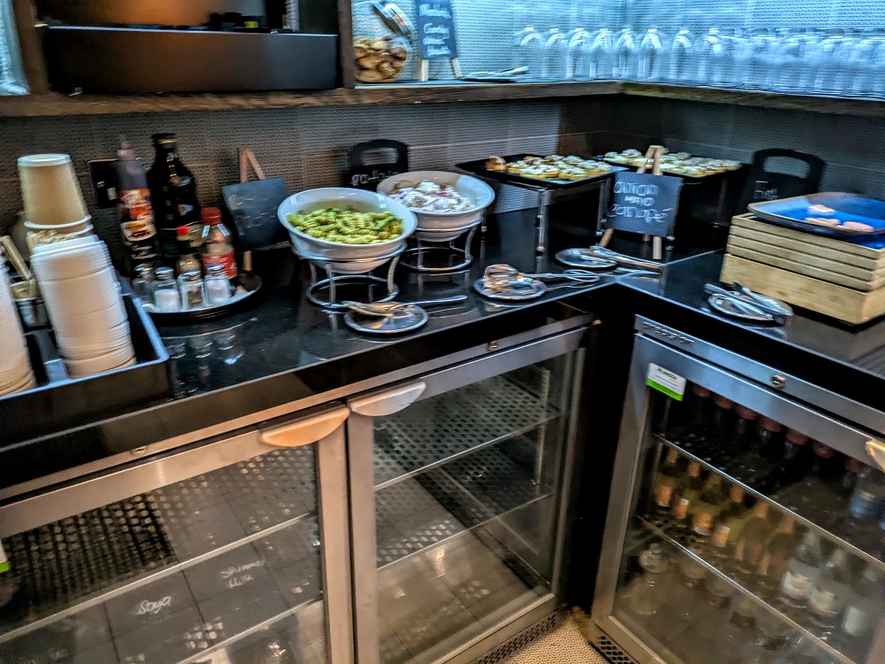 Hyatt Regency Birmingham, England - Club lounge evening snacks (pesto pasta, potato salad, & onion canapes - please excuse the blurry photo)