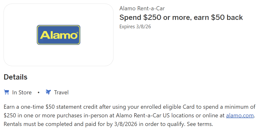 Alamo Amex Offer spend $250 get $50