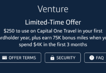 Capital One Venture Rewards 75K + $250 welcome offer