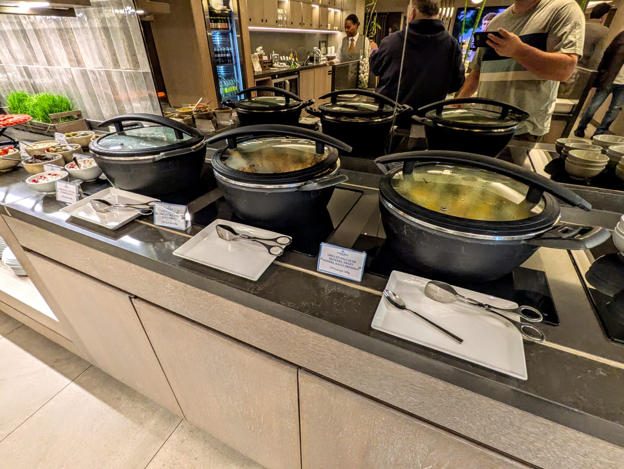 London Hilton on Park Lane - Executive lounge evening reception - Hot options that night were lamb kofta, chicken skewers, & grilled halloumi