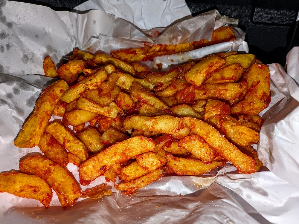 Orange chips from Dr Vinegars Extraordinary Fish & Chips in Oldbury, England