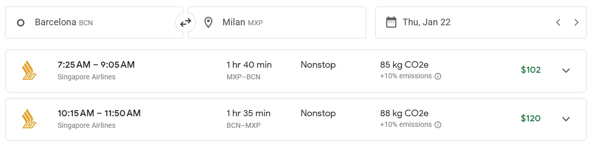 Singapore Airlines fifth freedom route MXP-BCN 01.22.26