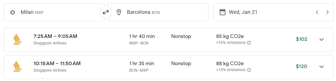 Singapore Airlines fifth freedom route MXP-BCN