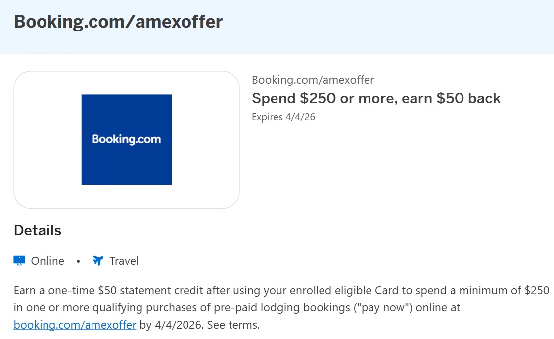 Bookingdotcom Amex Offer $250 $50 prepaid hotels