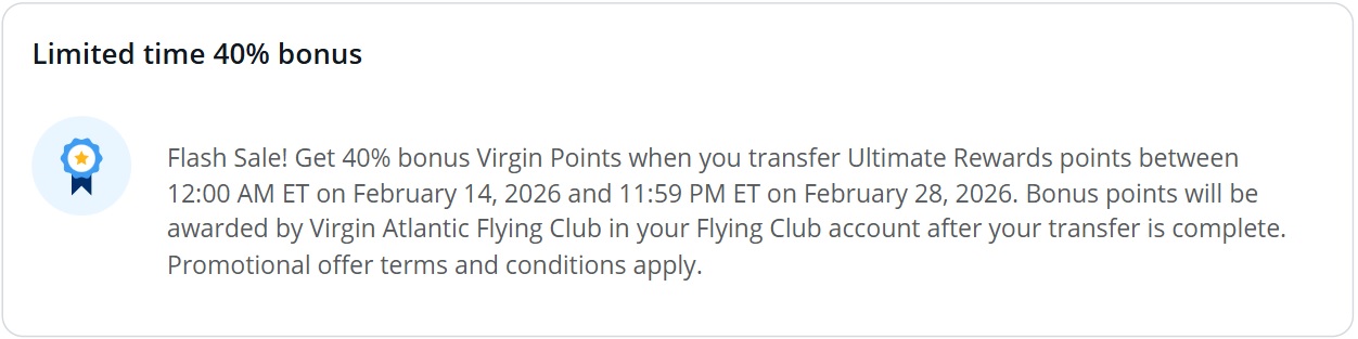 Chase Ultimate Rewards Virgin Atlantic 40% transfer bonus