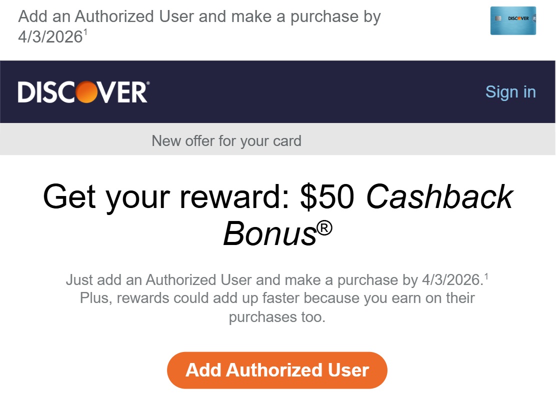 Discover It Authorized User offer