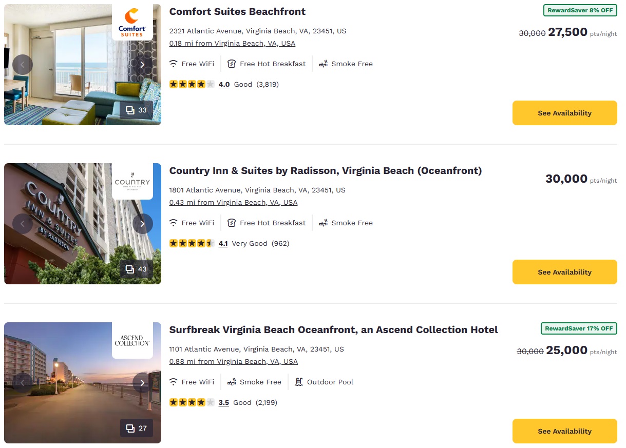 Examples of Choice Privileges RewardSaver award night pricing