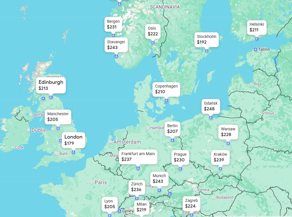 Google Flights less than $250 to Europe from the west coast