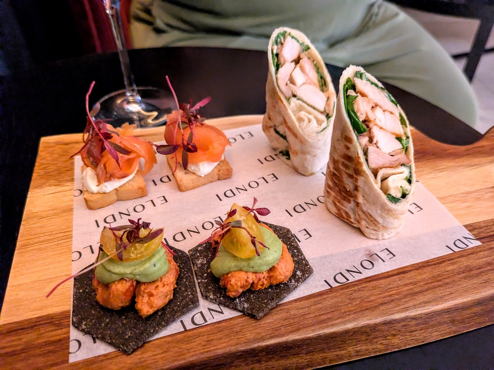 Hyatt House London Stratford - Globalist happy hour canapes (salmon, red pepper hummus(), & chicken Caesar wraps