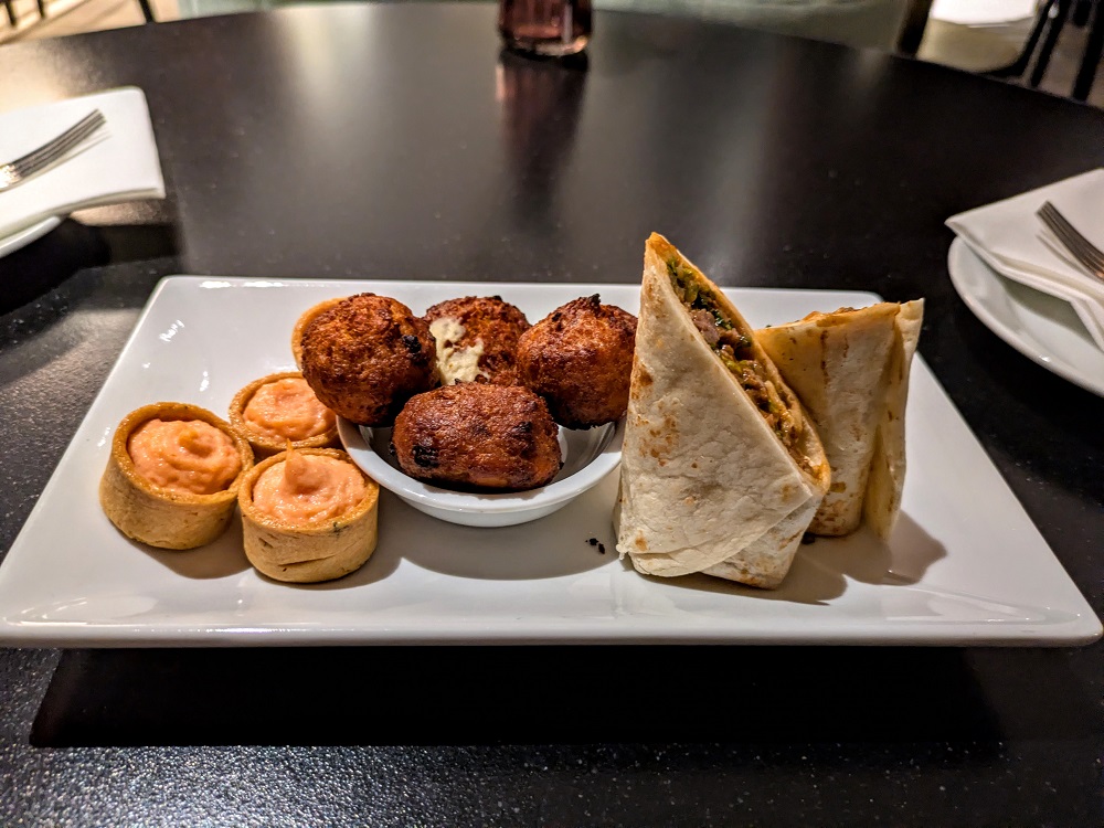 Hyatt House London Stratford - Globalist happy hour canapes (sweet potato tarts, falafel, and some kind of beef wraps)