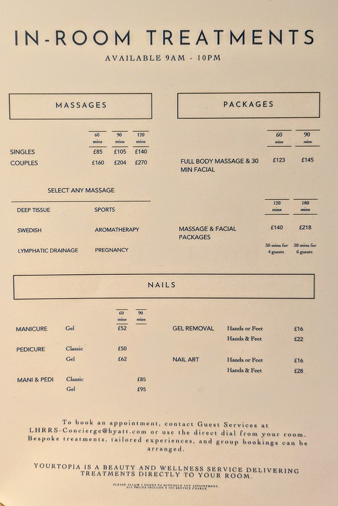 Hyatt House London Stratford - In-room spa treatment menu