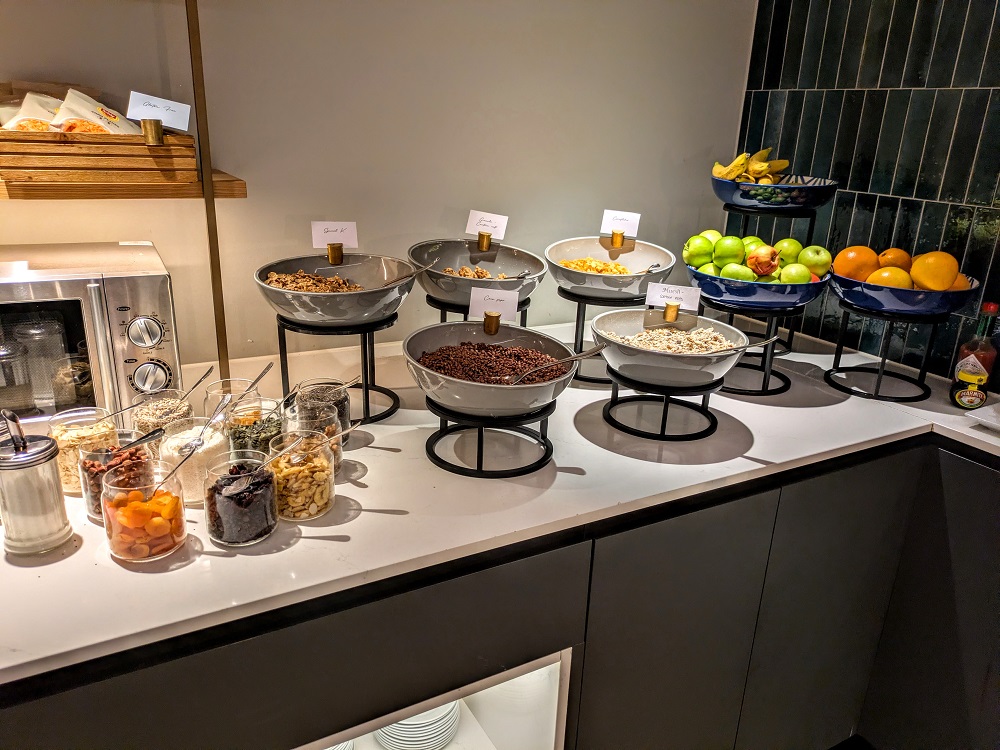 Hyatt House London Stratford breakfast - Cereal, muesli, & fruit