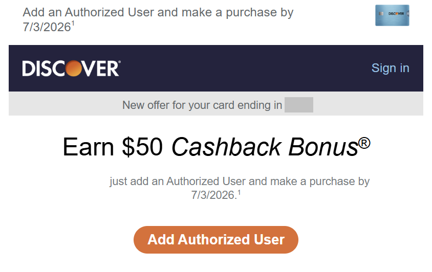 Discover: $50 cashback bonus for adding authorized user