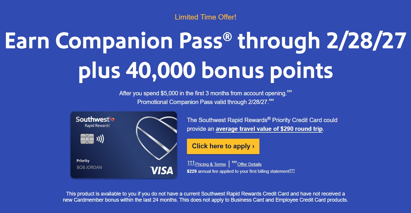 Southwest Companion Pass welcome offer personal credit cards