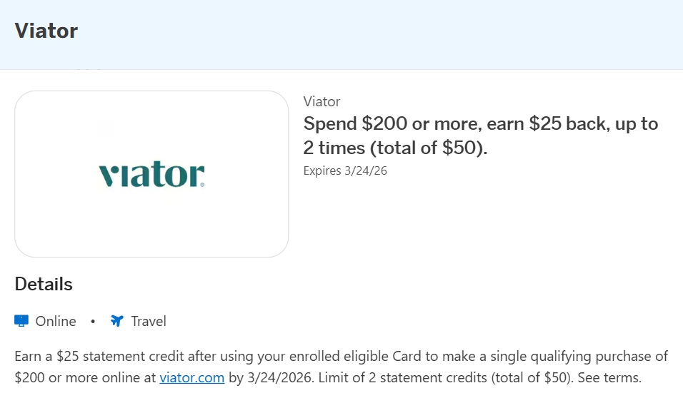 Viator Amex Offer spend $200 get $25