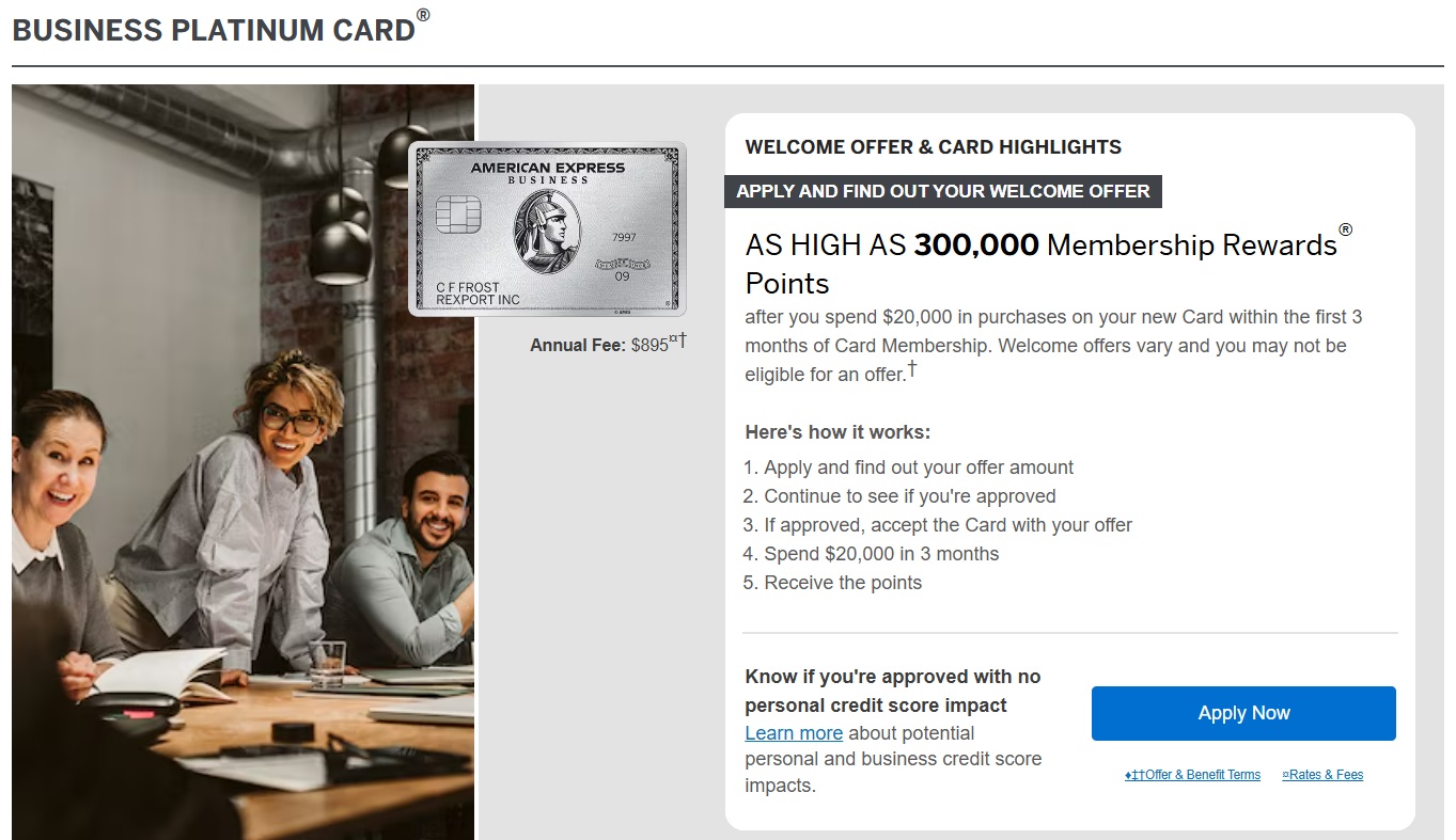 Amex Business Platinum card as high as 300K welcome offer