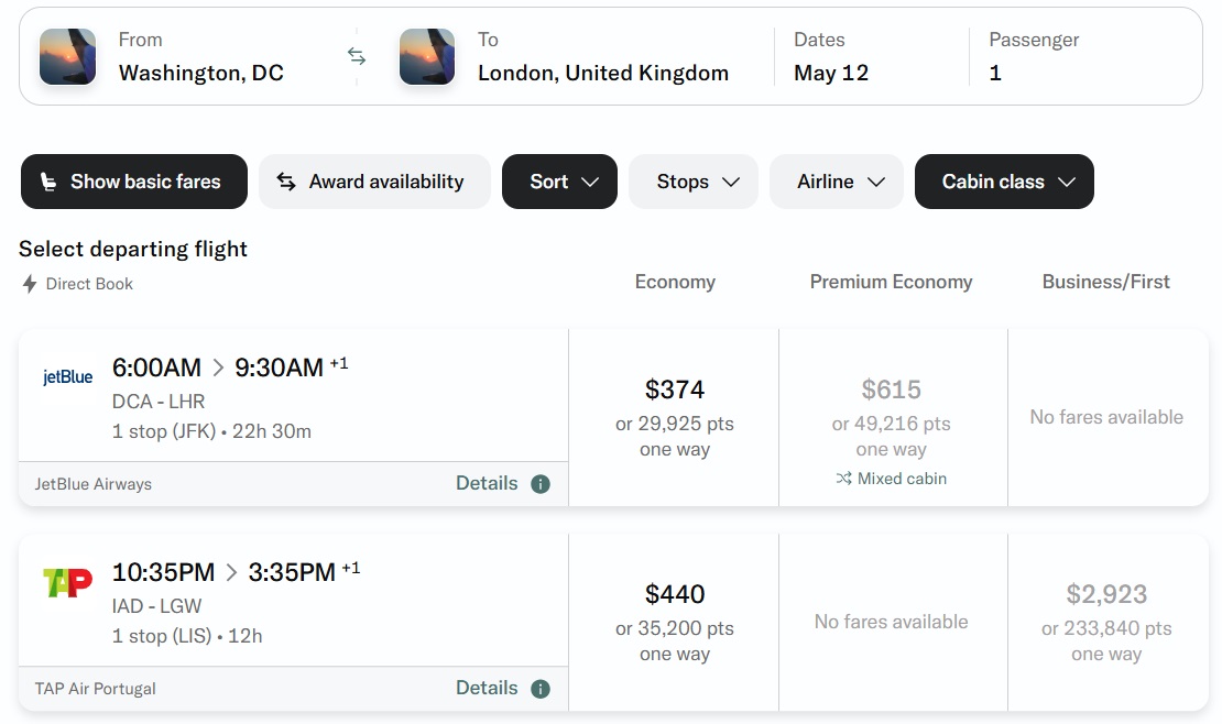 Bilt Rewards Points Path integration - award availability option