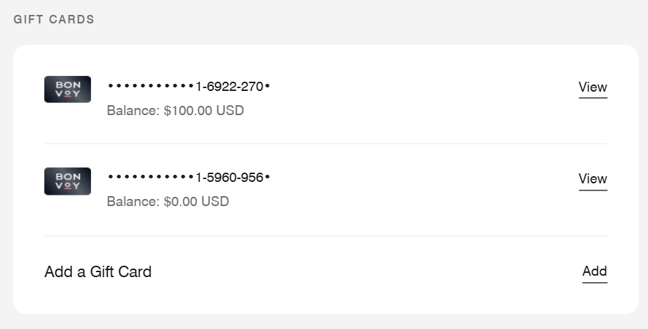 Marriott gift card section on the website